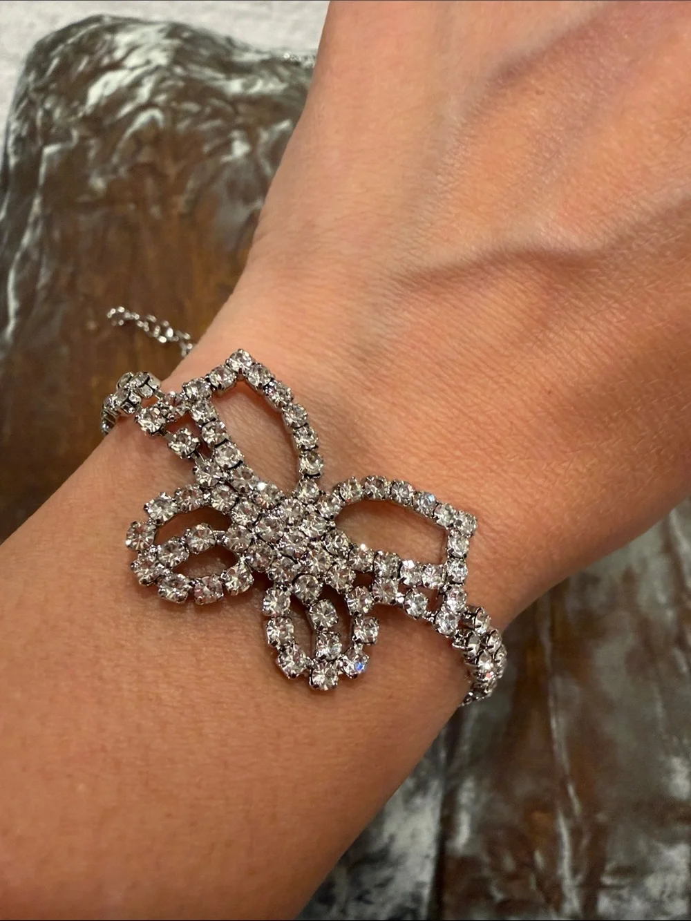 Set of 2 Rhinestone Bow Anklets Silver Tone Bridal Jewelry 1061
